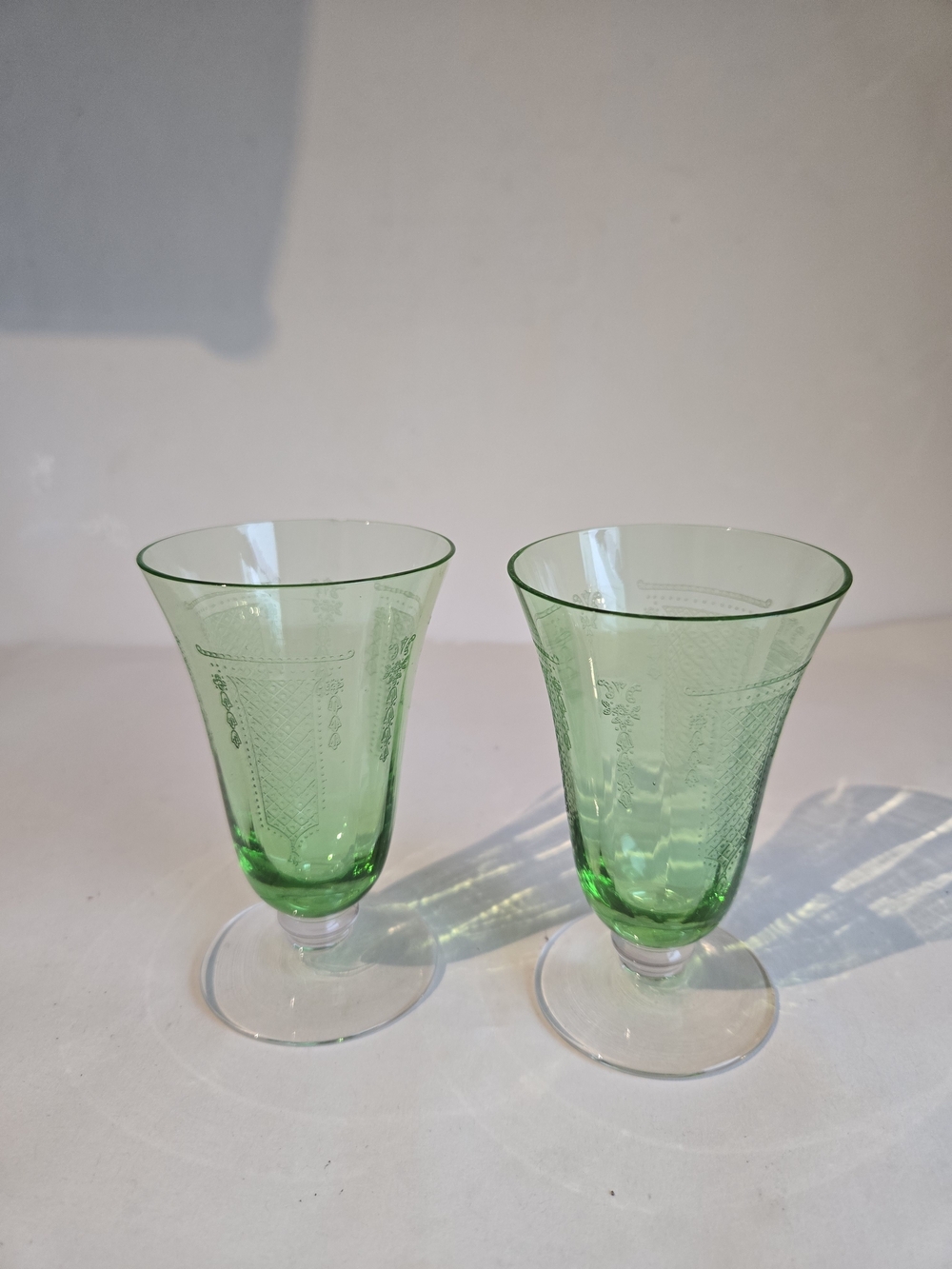 Uranium Glass Etched Glass  - Set of 2